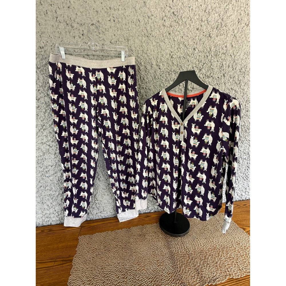 Cuddl Duds Womens Llama Print Pajama Set Purple Henley Top Jogger Pants Large